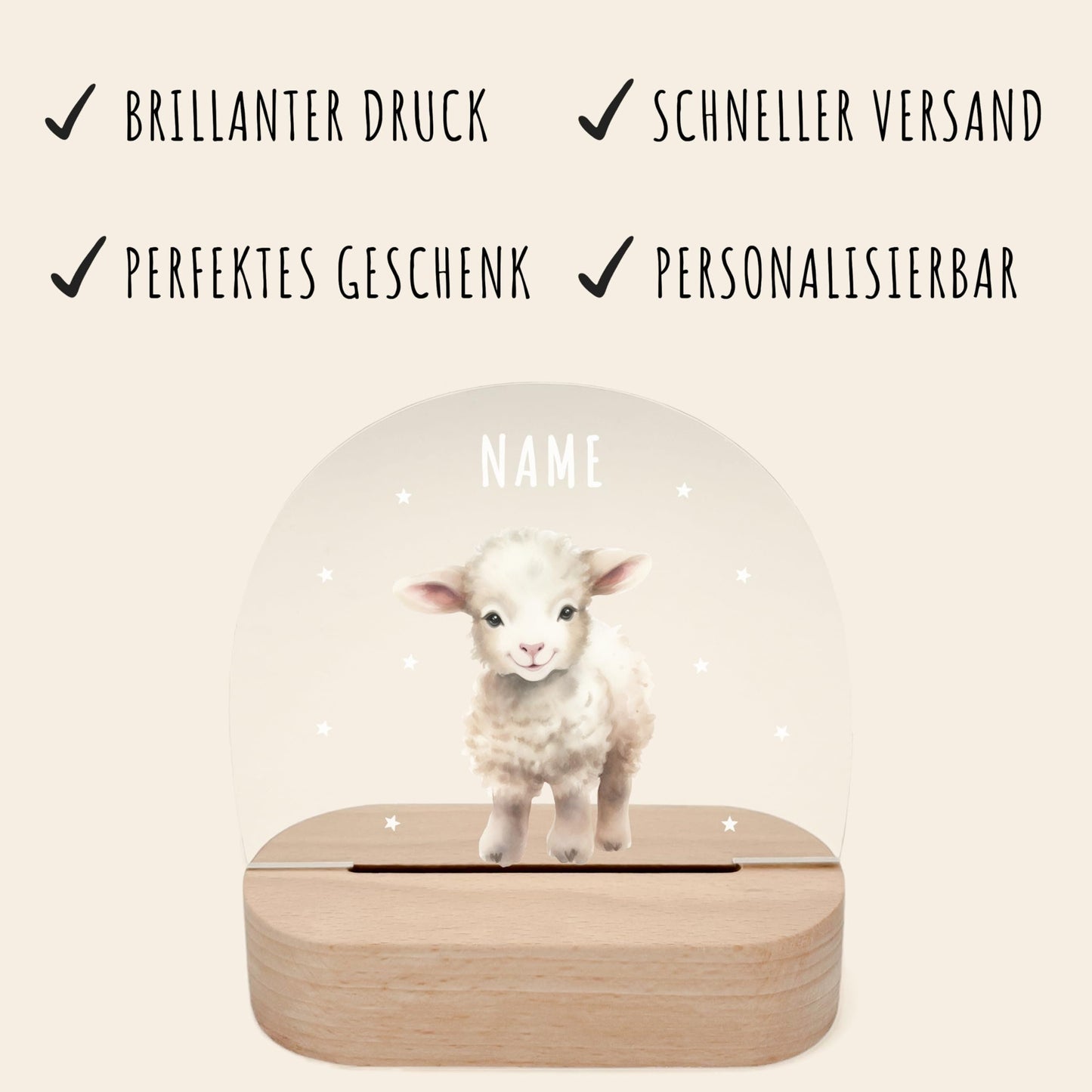 Nachtlicht personalisiert für Kinder & Baby Schaf Babyzimmer Deko Kinderzimmer Nachtlampe Mädchen Jungen Inkl. Holzfuß und Netzteil