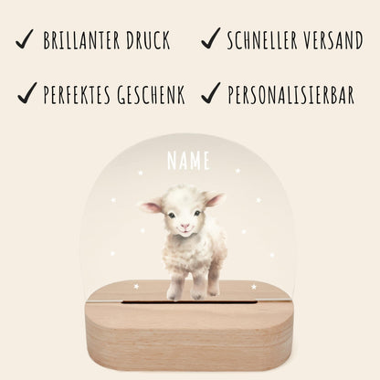 Nachtlicht personalisiert für Kinder & Baby Schaf Babyzimmer Deko Kinderzimmer Nachtlampe Mädchen Jungen Inkl. Holzfuß und Netzteil