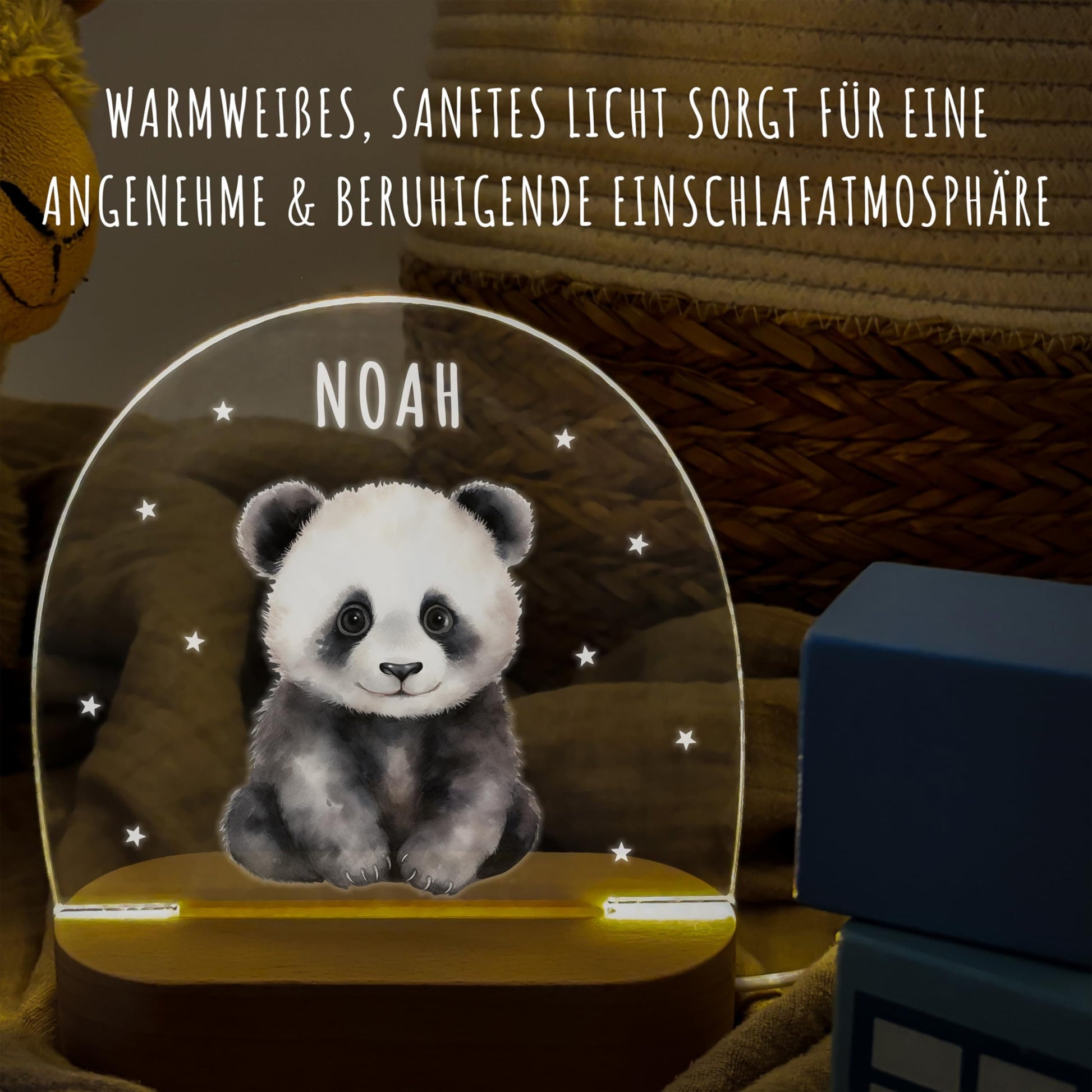 Nachtlicht personalisiert für Kinder & Baby Panda Babyzimmer Deko Kinderzimmer Nachtlampe Mädchen Jungen Inkl. Holzfuß und Netzteil