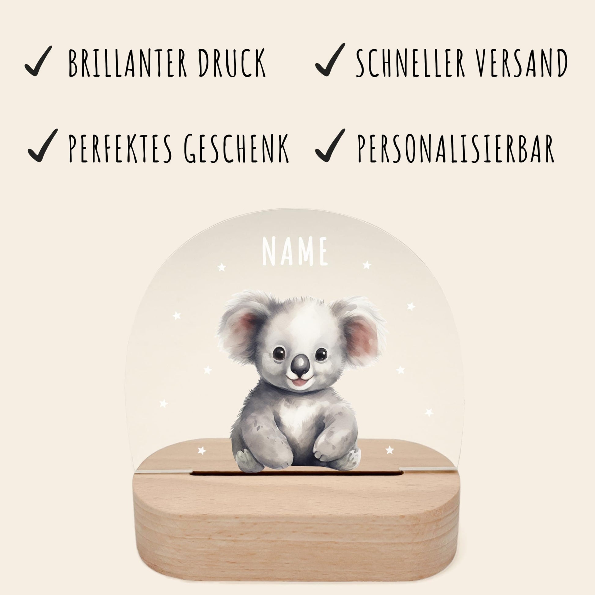 Nachtlicht personalisiert für Kinder & Baby Koala Babyzimmer Deko Kinderzimmer Nachtlampe Mädchen Jungen Inkl. Holzfuß und Netzteil