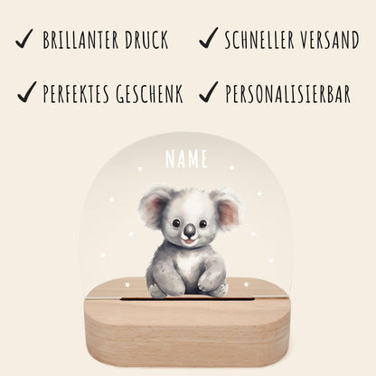 Nachtlicht personalisiert für Kinder & Baby Koala Babyzimmer Deko Kinderzimmer Nachtlampe Mädchen Jungen Inkl. Holzfuß und Netzteil