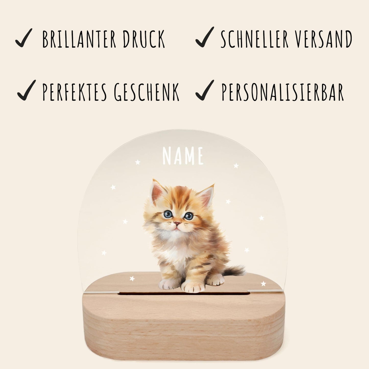 Nachtlicht personalisiert für Kinder & Baby Katze Babyzimmer Deko Kinderzimmer Nachtlampe Mädchen Jungen Inkl. Holzfuß und Netzteil