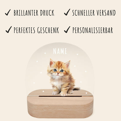 Nachtlicht personalisiert für Kinder & Baby Katze Babyzimmer Deko Kinderzimmer Nachtlampe Mädchen Jungen Inkl. Holzfuß und Netzteil