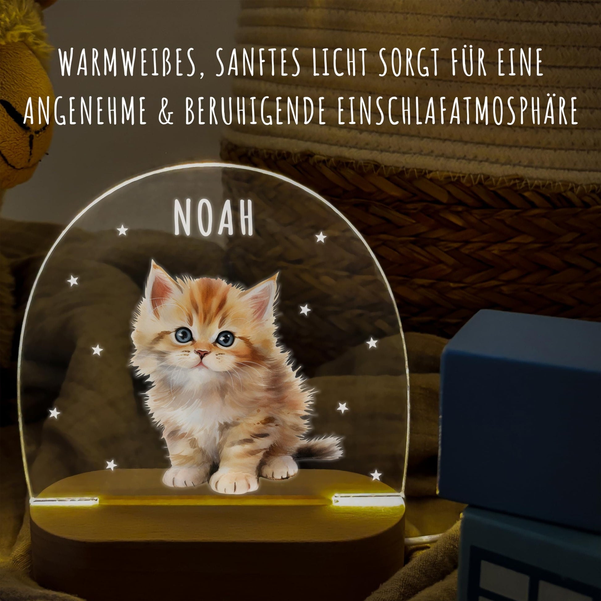 Nachtlicht personalisiert für Kinder & Baby Katze Babyzimmer Deko Kinderzimmer Nachtlampe Mädchen Jungen Inkl. Holzfuß und Netzteil