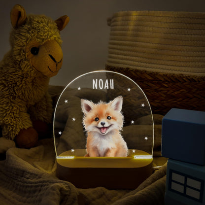 Nachtlicht personalisiert für Kinder & Baby Fuchs Babyzimmer Deko Kinderzimmer Nachtlampe Mädchen Jungen Inkl. Holzfuß und Netzteil