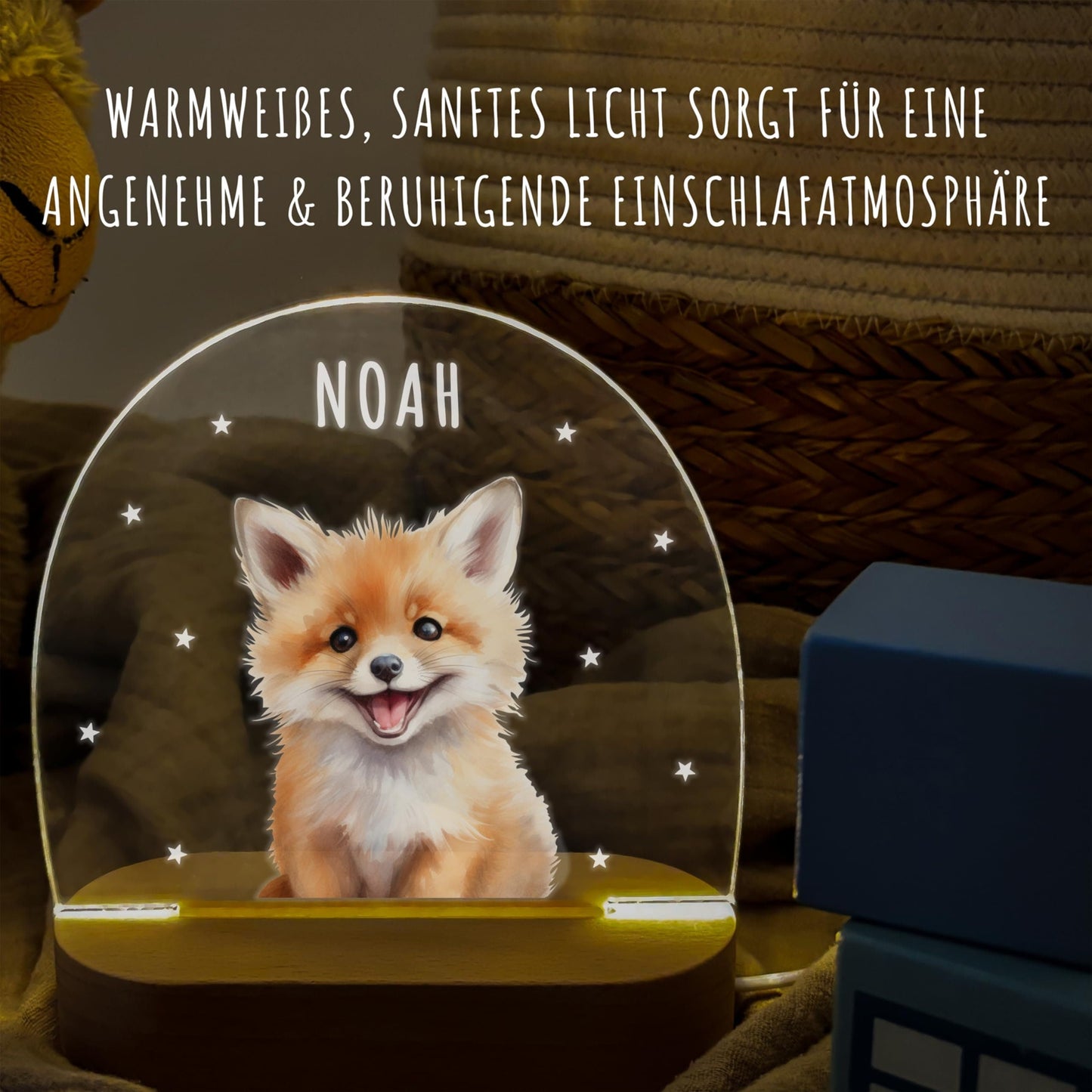 Nachtlicht personalisiert für Kinder & Baby Fuchs Babyzimmer Deko Kinderzimmer Nachtlampe Mädchen Jungen Inkl. Holzfuß und Netzteil
