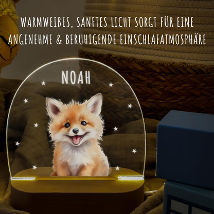 Nachtlicht personalisiert für Kinder & Baby Fuchs Babyzimmer Deko Kinderzimmer Nachtlampe Mädchen Jungen Inkl. Holzfuß und Netzteil