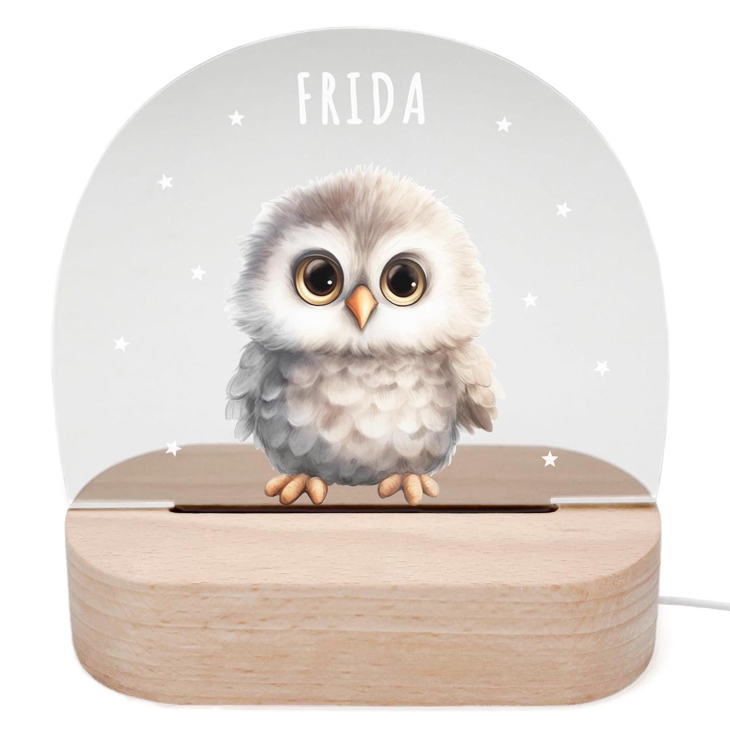 Nachtlicht personalisiert für Kinder & Baby Eule Babyzimmer Deko Kinderzimmer Nachtlampe Mädchen Jungen Inkl. Holzfuß und Netzteil