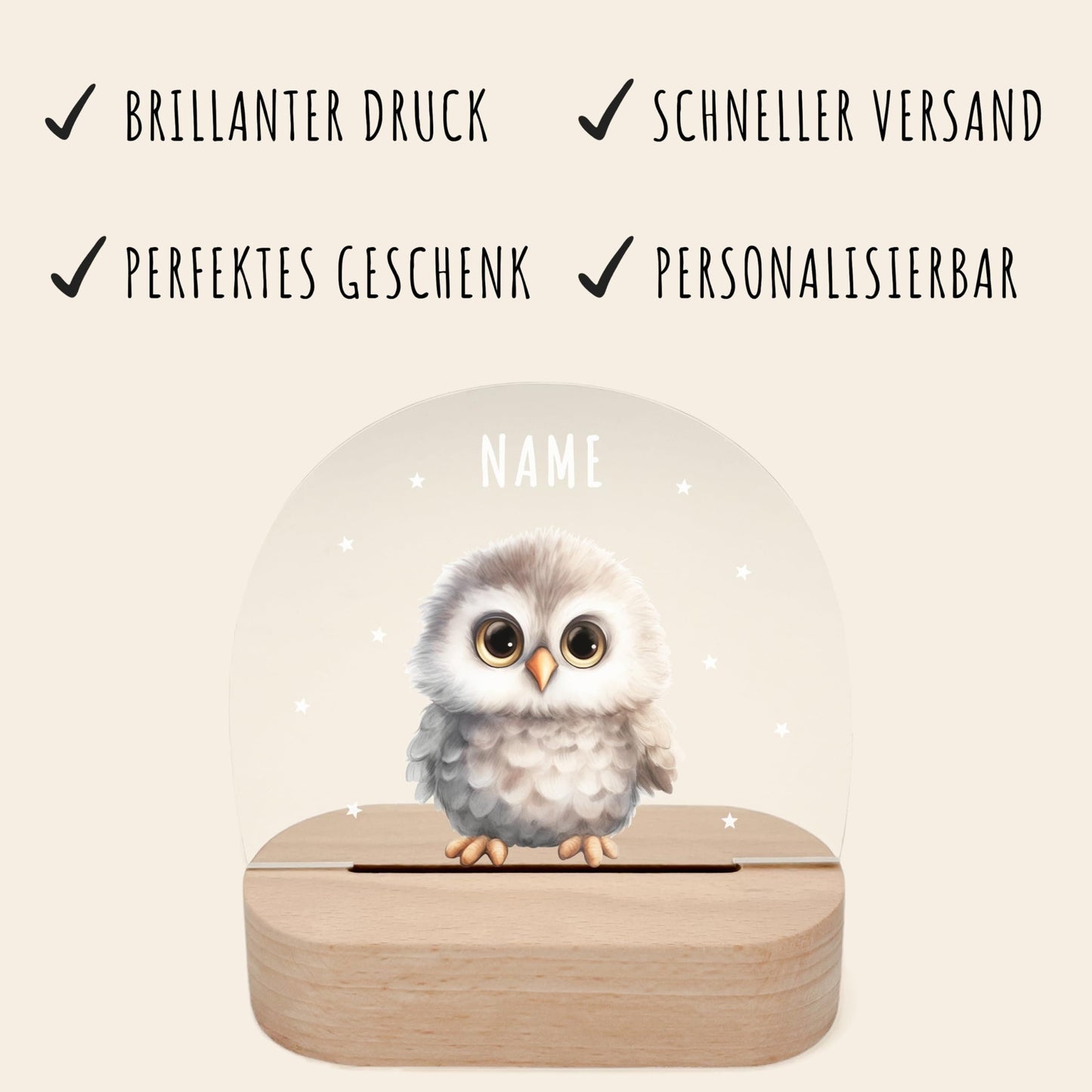 Nachtlicht personalisiert für Kinder & Baby Eule Babyzimmer Deko Kinderzimmer Nachtlampe Mädchen Jungen Inkl. Holzfuß und Netzteil
