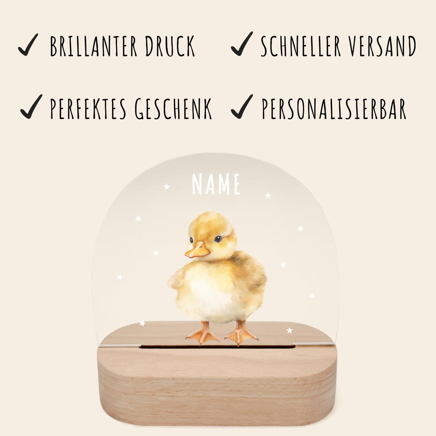 Nachtlicht personalisiert für Kinder & Baby Ente Babyzimmer Deko Kinderzimmer Nachtlampe Mädchen Jungen Inkl. Holzfuß und Netzteil