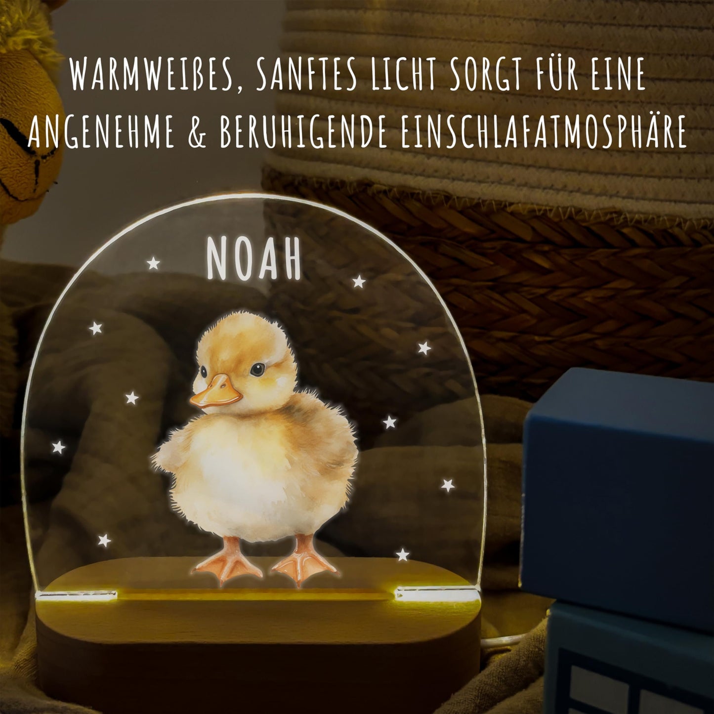 Nachtlicht personalisiert für Kinder & Baby Ente Babyzimmer Deko Kinderzimmer Nachtlampe Mädchen Jungen Inkl. Holzfuß und Netzteil