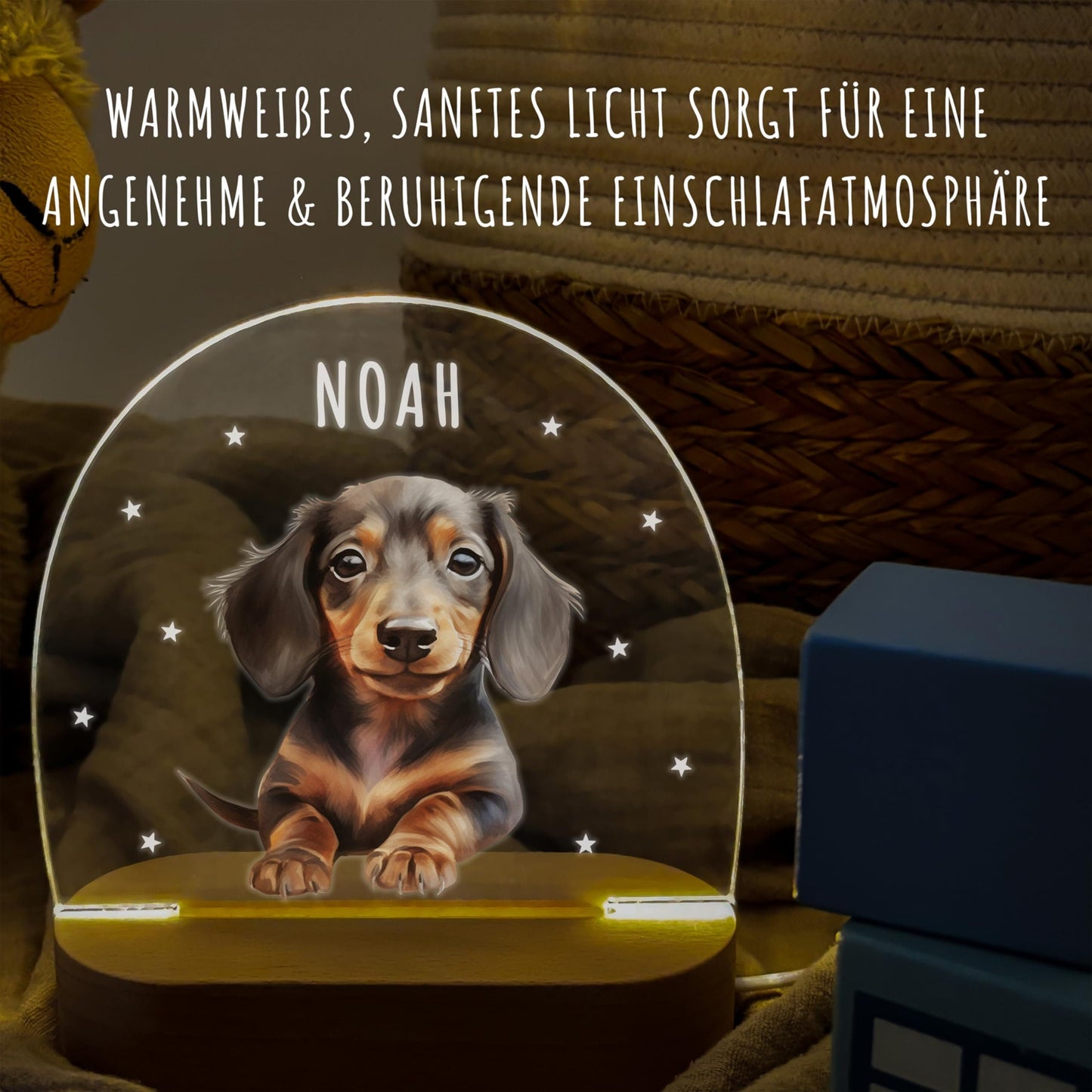 Nachtlicht personalisiert für Kinder & Baby Dackel Babyzimmer Deko Kinderzimmer Nachtlampe Mädchen Jungen Inkl. Holzfuß und Netzteil
