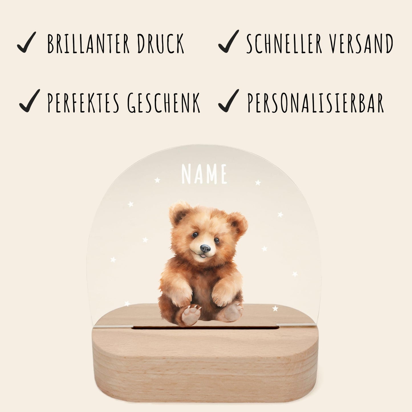 Nachtlicht personalisiert für Kinder & Baby Bär Babyzimmer Deko Kinderzimmer Nachtlampe Mädchen Jungen Inkl. Holzfuß und Netzteil