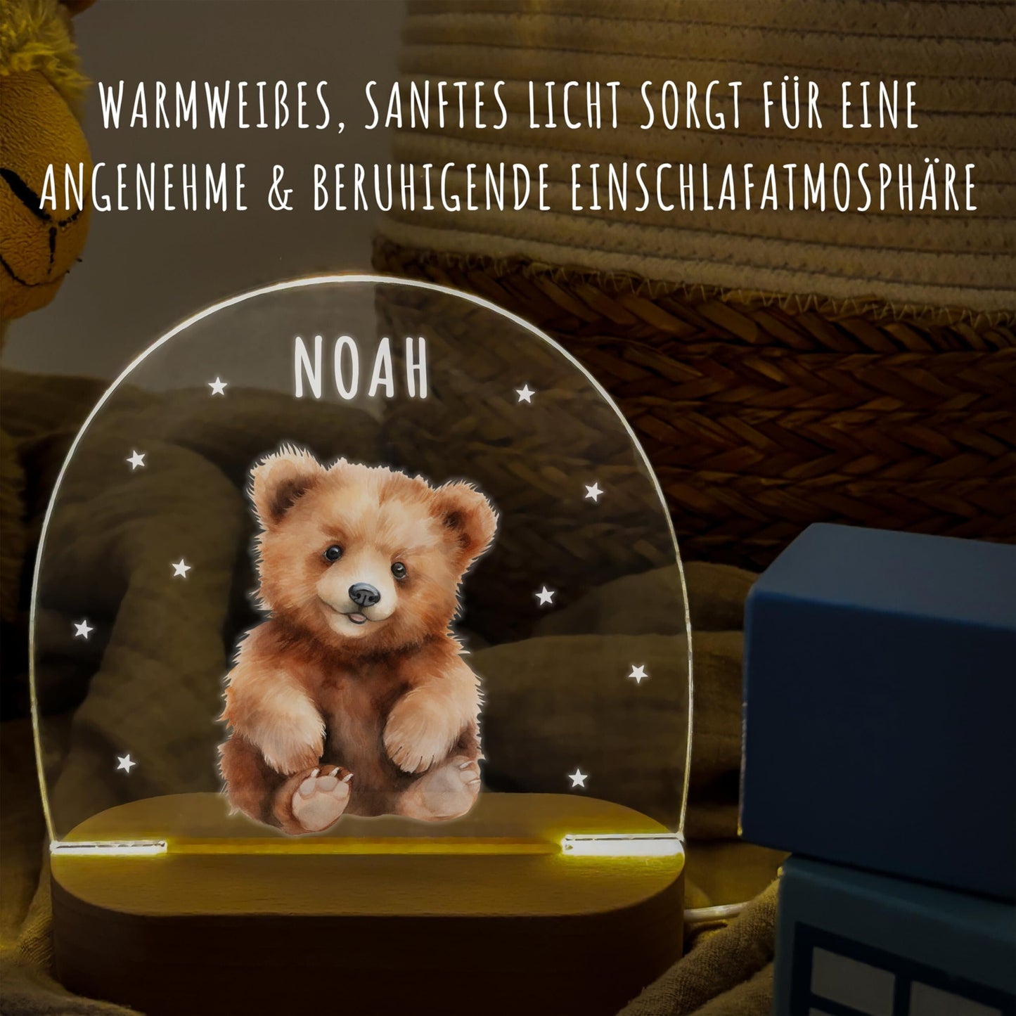 Nachtlicht personalisiert für Kinder & Baby Bär Babyzimmer Deko Kinderzimmer Nachtlampe Mädchen Jungen Inkl. Holzfuß und Netzteil