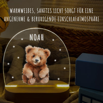 Nachtlicht personalisiert für Kinder & Baby Bär Babyzimmer Deko Kinderzimmer Nachtlampe Mädchen Jungen Inkl. Holzfuß und Netzteil