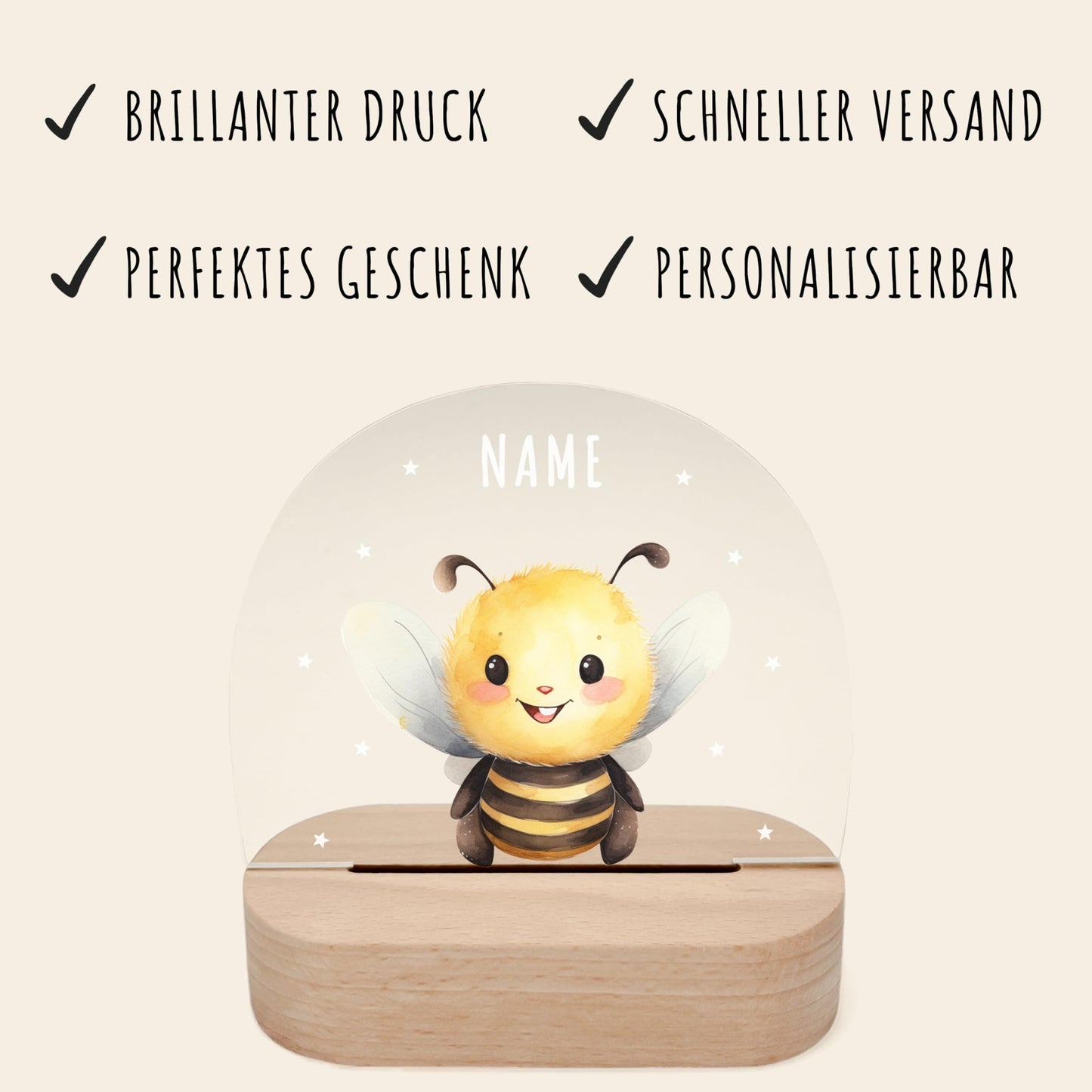 Nachtlicht personalisiert für Kinder & Baby Biene Babyzimmer Deko Kinderzimmer Nachtlampe Mädchen Jungen Inkl. Holzfuß und Netzteil