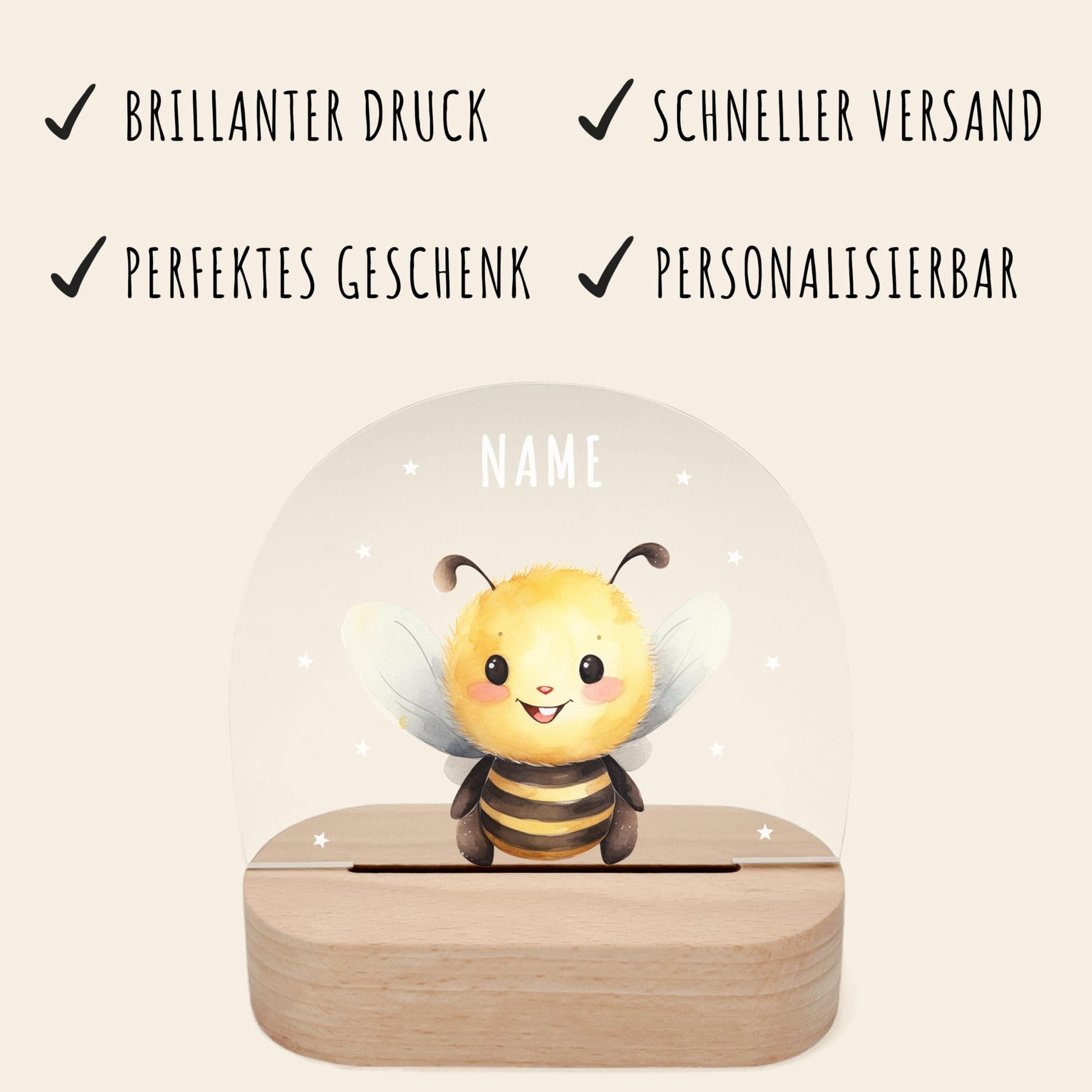 Nachtlicht personalisiert für Kinder & Baby Biene Babyzimmer Deko Kinderzimmer Nachtlampe Mädchen Jungen Inkl. Holzfuß und Netzteil