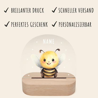 Nachtlicht personalisiert für Kinder & Baby Biene Babyzimmer Deko Kinderzimmer Nachtlampe Mädchen Jungen Inkl. Holzfuß und Netzteil