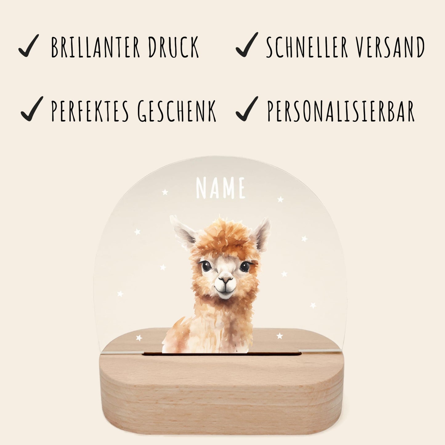 Nachtlicht personalisiert für Kinder & Baby Alpaka Babyzimmer Deko Kinderzimmer Nachtlampe Mädchen Jungen Inkl. Holzfuß und Netzteil