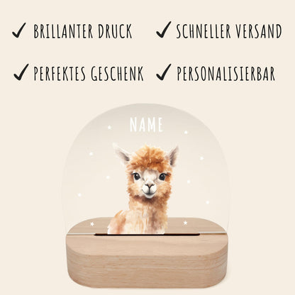 Nachtlicht personalisiert für Kinder & Baby Alpaka Babyzimmer Deko Kinderzimmer Nachtlampe Mädchen Jungen Inkl. Holzfuß und Netzteil