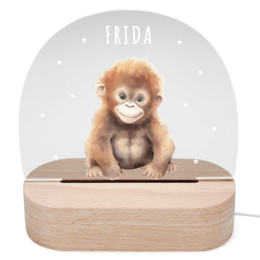 Nachtlicht personalisiert für Kinder & Baby Affe Babyzimmer Deko Kinderzimmer Nachtlampe Mädchen Jungen Inkl. Holzfuß und Netzteil