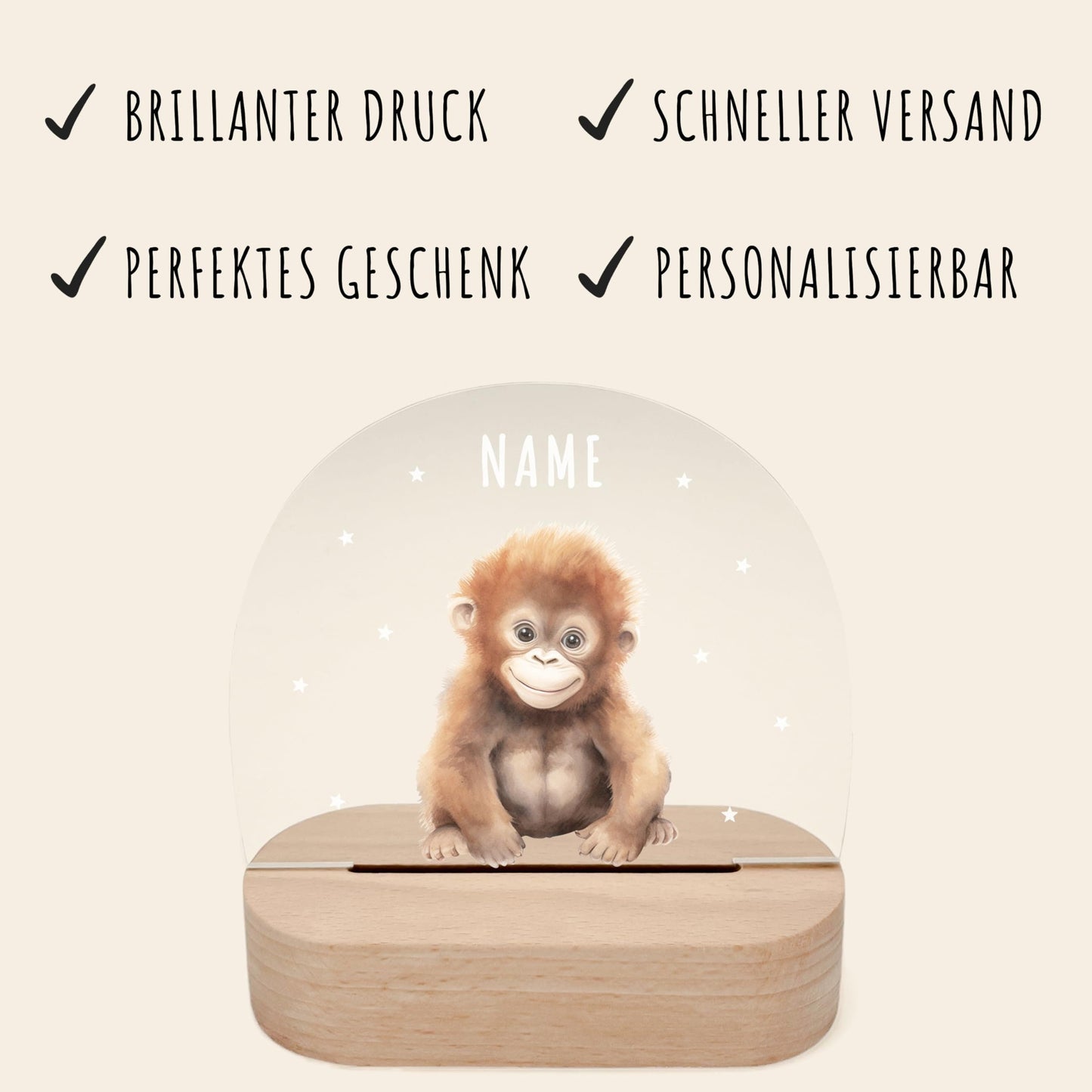 Nachtlicht personalisiert für Kinder & Baby Affe Babyzimmer Deko Kinderzimmer Nachtlampe Mädchen Jungen Inkl. Holzfuß und Netzteil