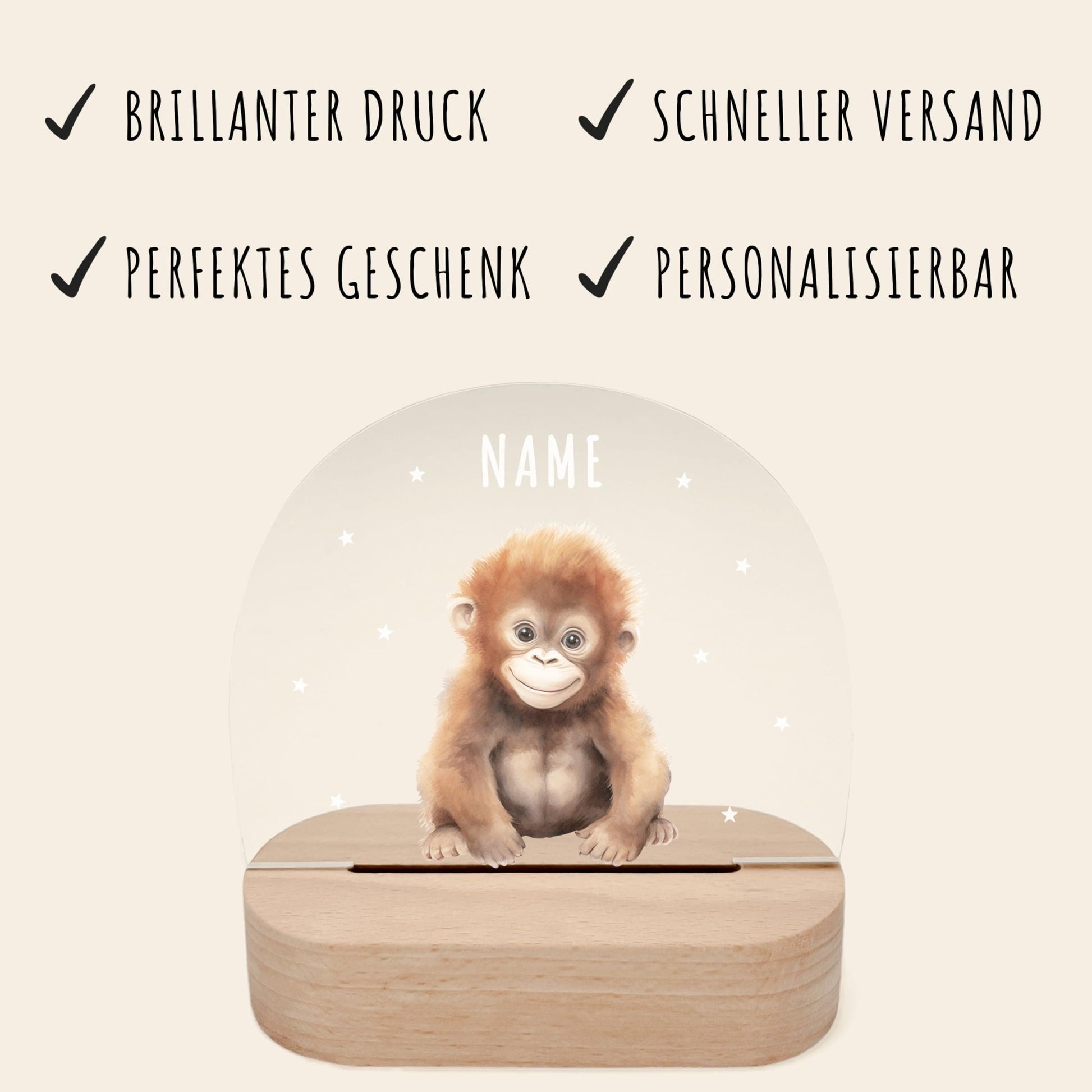 Nachtlicht personalisiert für Kinder & Baby Affe Babyzimmer Deko Kinderzimmer Nachtlampe Mädchen Jungen Inkl. Holzfuß und Netzteil