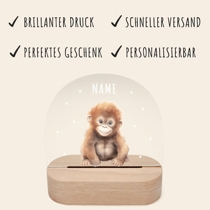 Nachtlicht personalisiert für Kinder & Baby Affe Babyzimmer Deko Kinderzimmer Nachtlampe Mädchen Jungen Inkl. Holzfuß und Netzteil