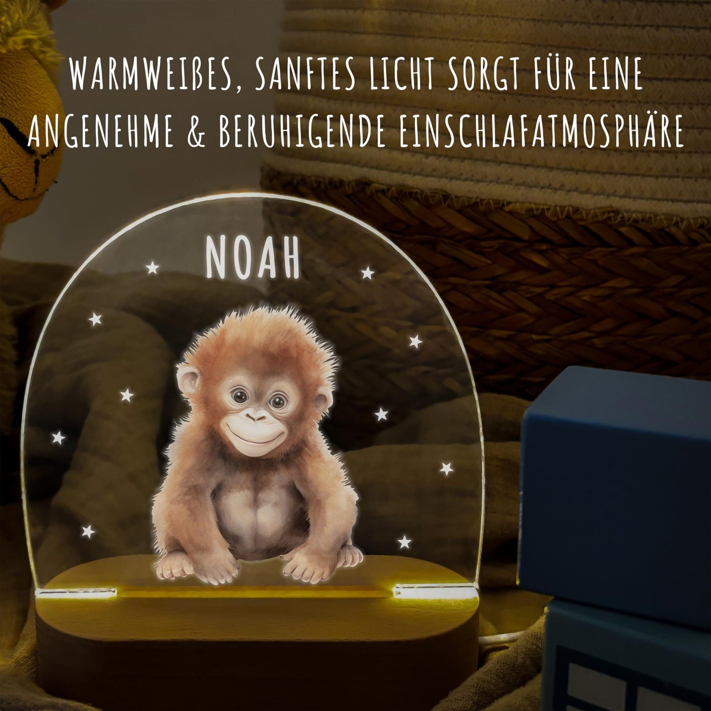 Nachtlicht personalisiert für Kinder & Baby Affe Babyzimmer Deko Kinderzimmer Nachtlampe Mädchen Jungen Inkl. Holzfuß und Netzteil