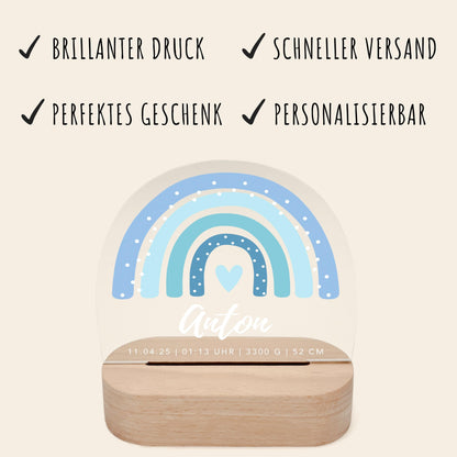 Regenbogen Nachtlicht Baby Kinder personalisiert Babyzimmer Kinderzimmer Nachtlampe Geschenk Geburt Inkl. Holzfuß & Netzteil (Blau)
