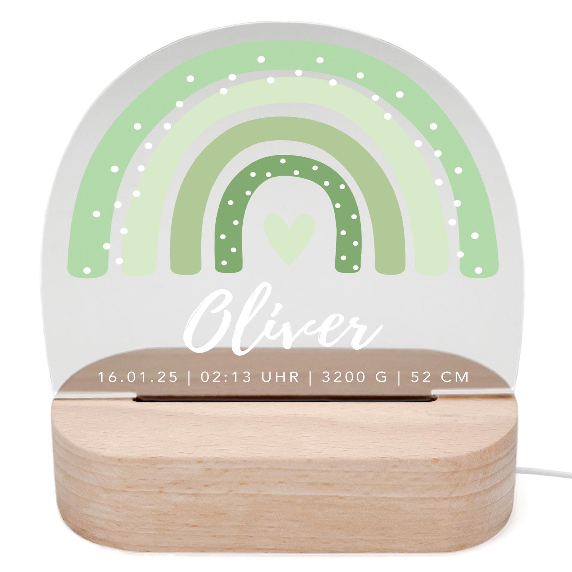 Regenbogen Nachtlicht Baby Kinder personalisiert Babyzimmer Kinderzimmer Nachtlampe Geschenk Geburt Inkl. Holzfuß & Netzteil (Grün)