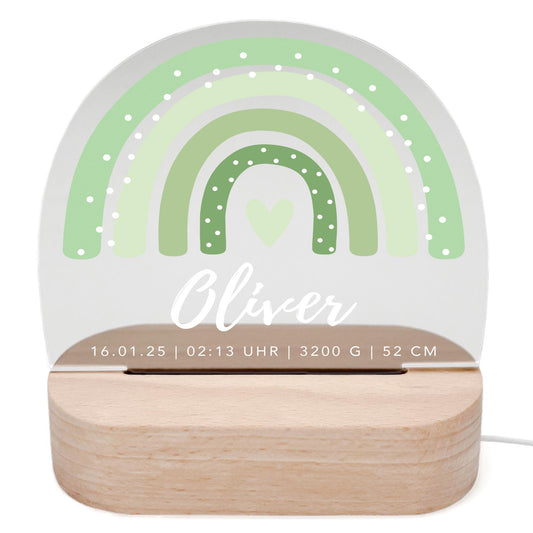 Regenbogen Nachtlicht Baby Kinder personalisiert Babyzimmer Kinderzimmer Nachtlampe Geschenk Geburt Inkl. Holzfuß & Netzteil (Grün)