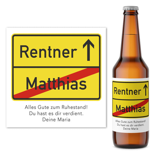 Rente Geschenk Mann Bieretiketten personalisiert Flaschenetikett Bier Rentner Ruhestand selbstklebende Etiketten 2 Stück | 9x9 cm