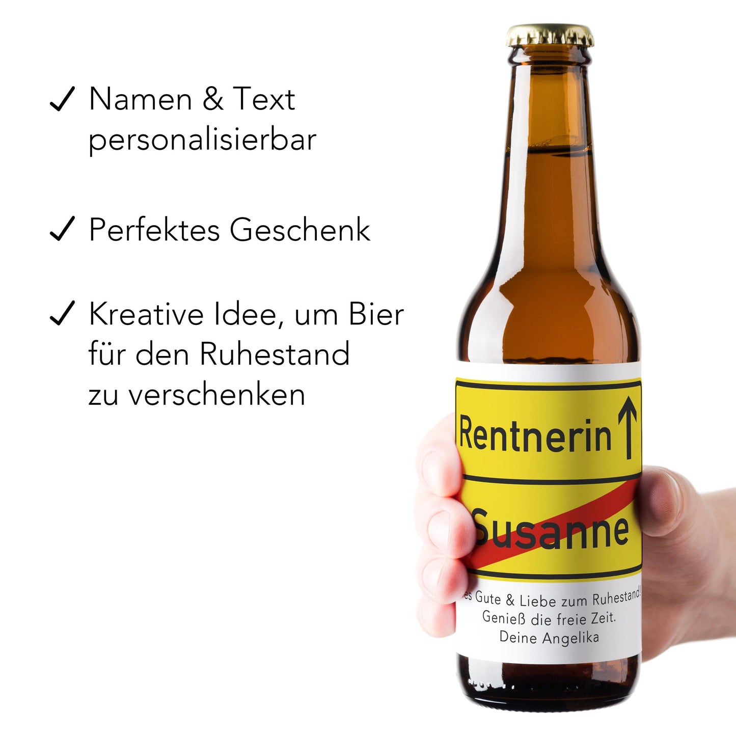 Rente Geschenk Frau Bieretiketten personalisiert Flaschenetikett Bier Rentnerin Ruhestand selbstklebende Etiketten 2 Stück | 9x9 cm