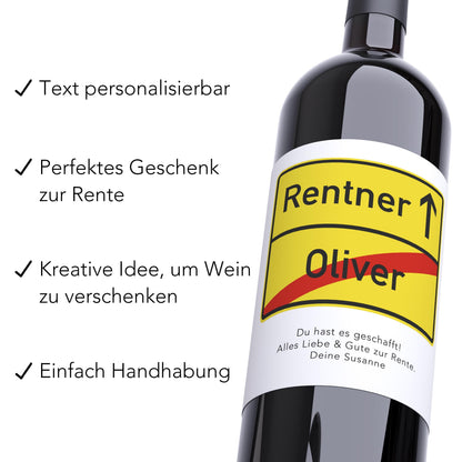 Rente Geschenk Mann Weinetiketten personalisiert Flaschenetikett Rentner Ruhestand selbstklebende Wein Etiketten 2 Stück | 10x12 cm
