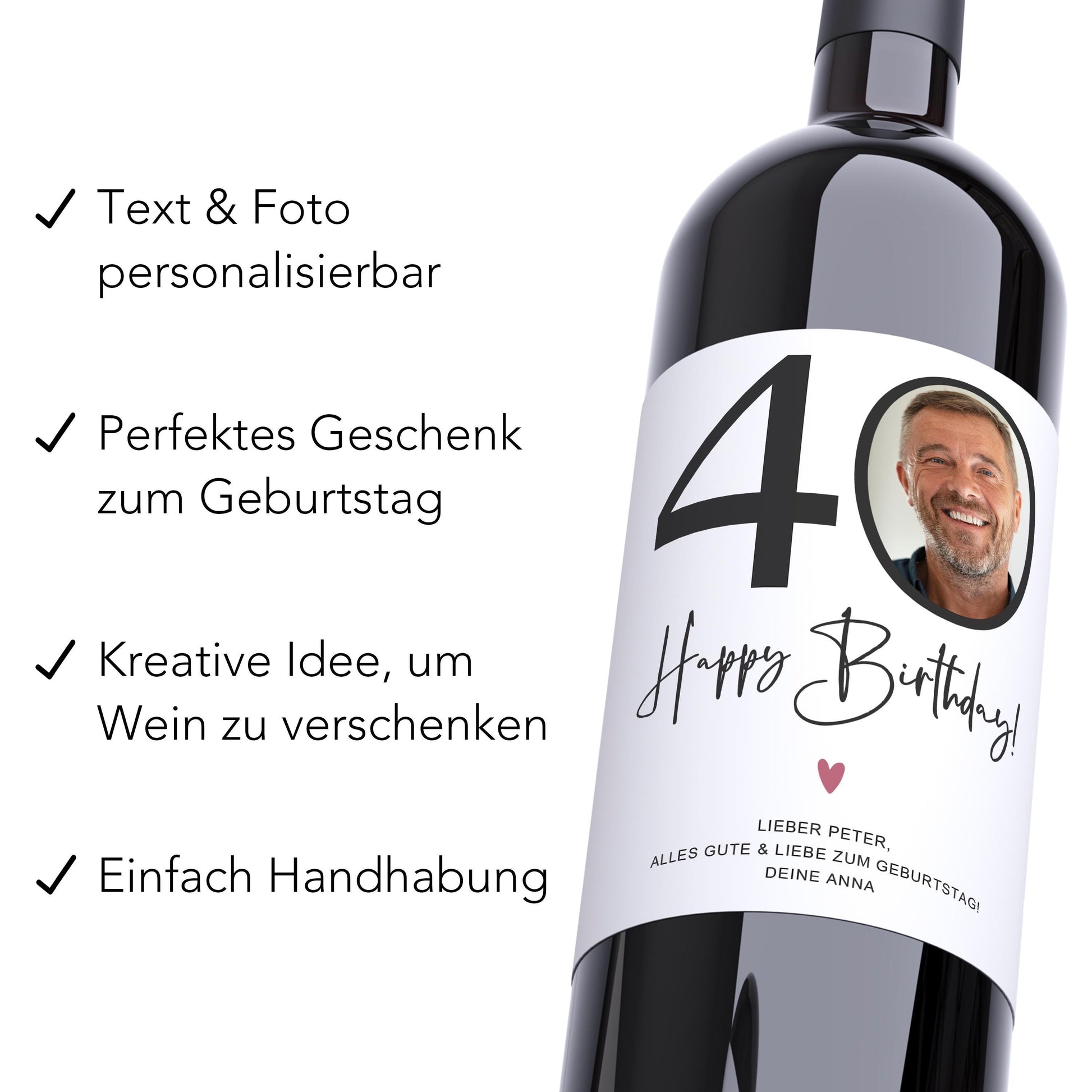 40. Geburtstag Geschenk Weinetiketten personalisierte Flaschenetiketten Foto Geburtstagsgeschenk Etiketten selbstklebend 2 Stück | 10x12 cm