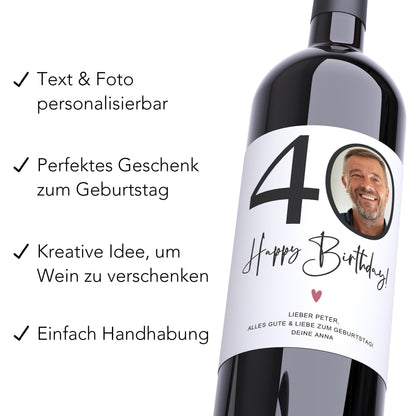 40. Geburtstag Geschenk Weinetiketten personalisierte Flaschenetiketten Foto Geburtstagsgeschenk Etiketten selbstklebend 2 Stück | 10x12 cm