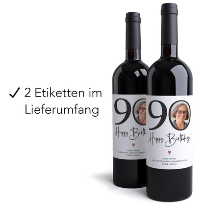 90. Geburtstag Geschenk Weinetiketten personalisierte Flaschenetiketten Foto Geburtstagsgeschenk Etiketten selbstklebend 2 Stück | 10x12 cm