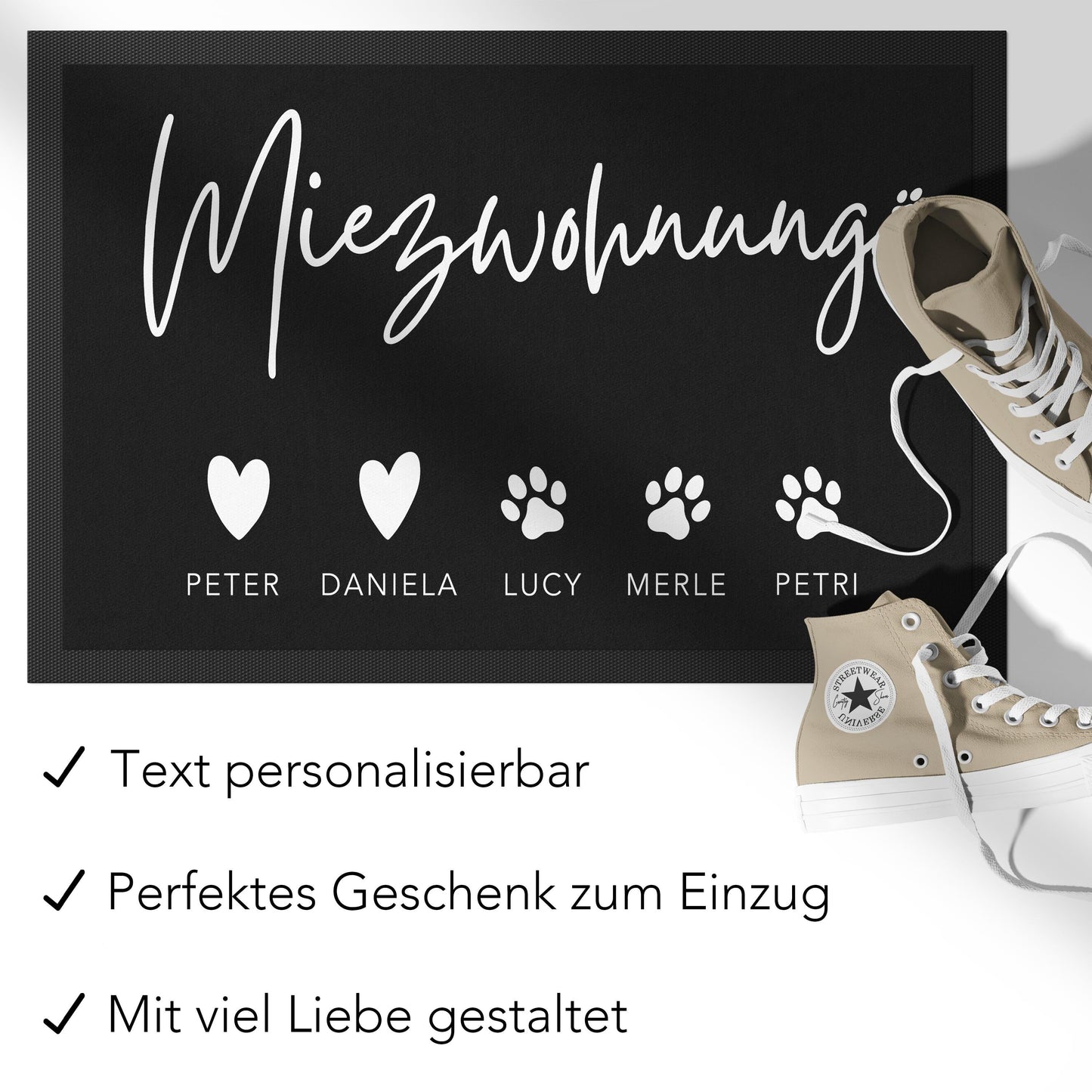 Katze Fußmatte personalisiert Einweihungsgeschenk Wohnung Geschenk Katzendeko Einzug Haustier Schmutzfangmatte für Innen 60x40 cm