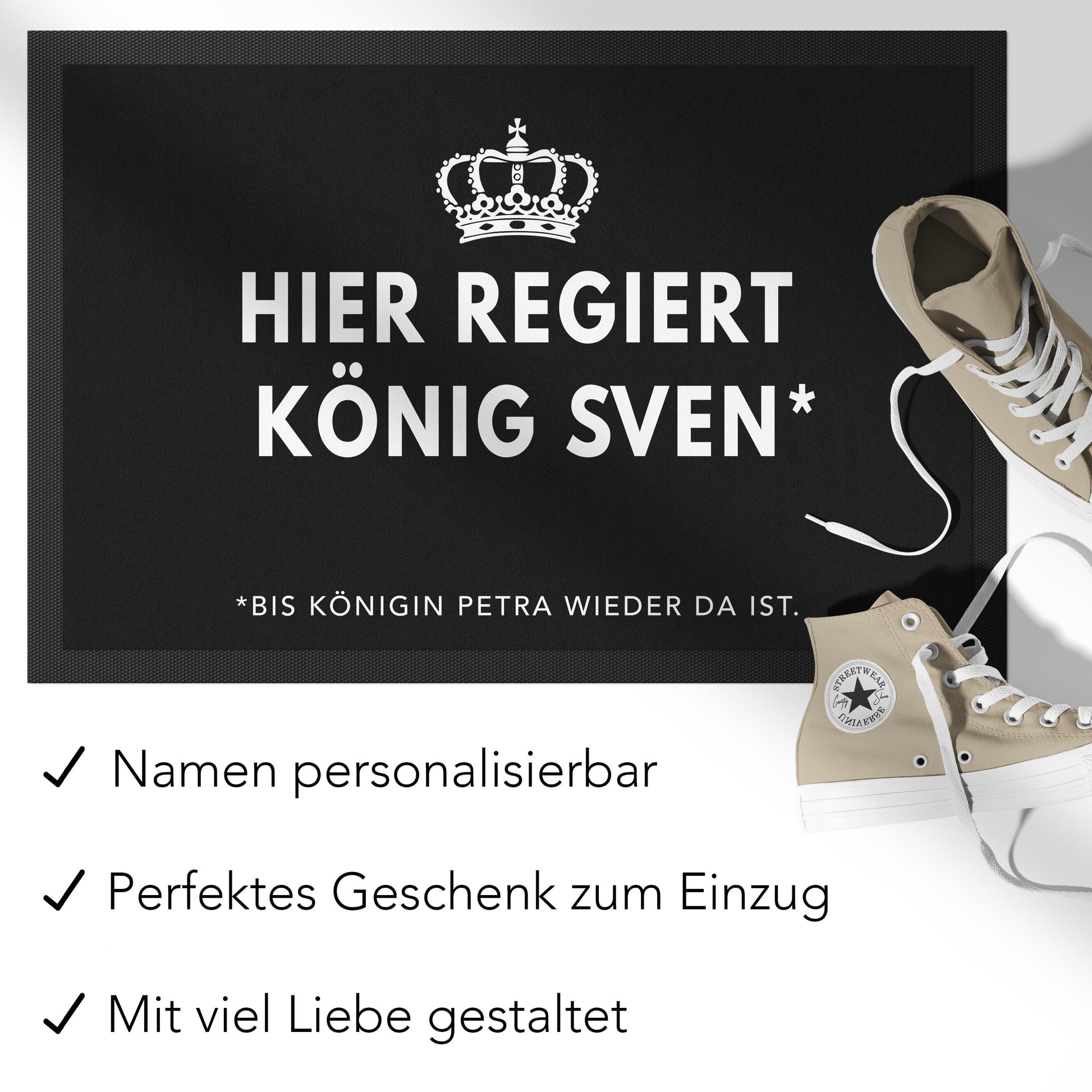 Lustige Fußmatte personalisiert König Königin Wohnung Einweihungsgeschenk witzig Geschenk zum Einzug Schmutzfangmatte für Innen 60x40 cm