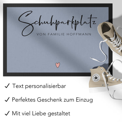Schuhparkplatz Fußmatte personalisiert Schuhmatte Geschenk Familie Einzugsgeschenk Wohnung Fußabtreter Schmutzfangmatte für Innen 60x40 cm