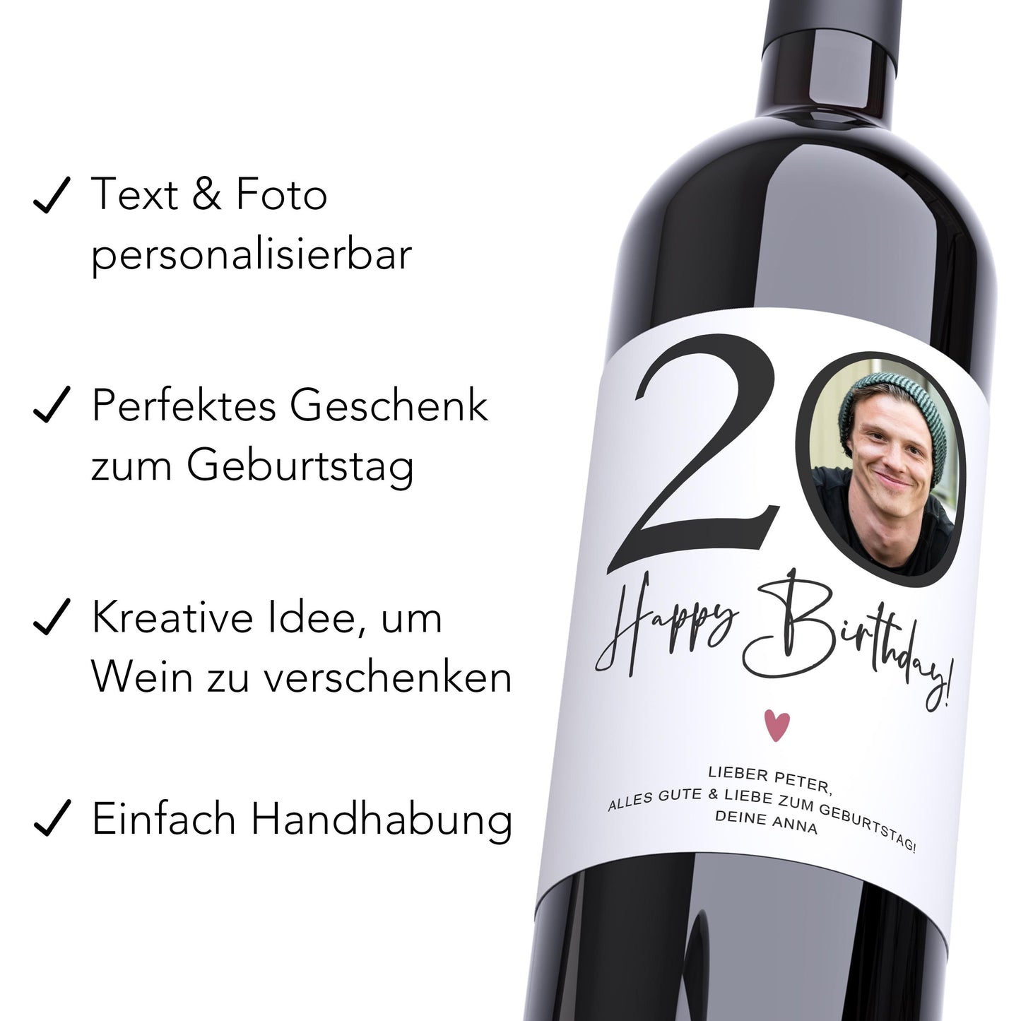 20. Geburtstag Geschenk Weinetiketten personalisierte Flaschenetiketten Foto Geburtstagsgeschenk Etiketten selbstklebend 2 Stück | 10x12 cm