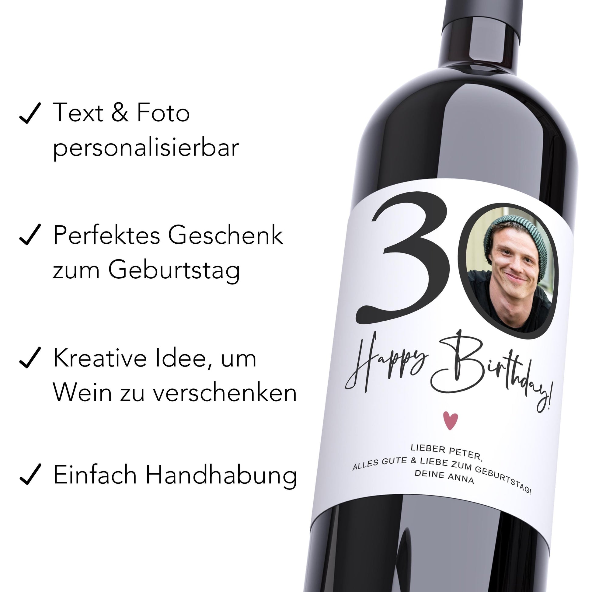 30. Geburtstag Geschenk Weinetiketten personalisierte Flaschenetiketten Foto Geburtstagsgeschenk Etiketten selbstklebend 2 Stück | 10x12 cm