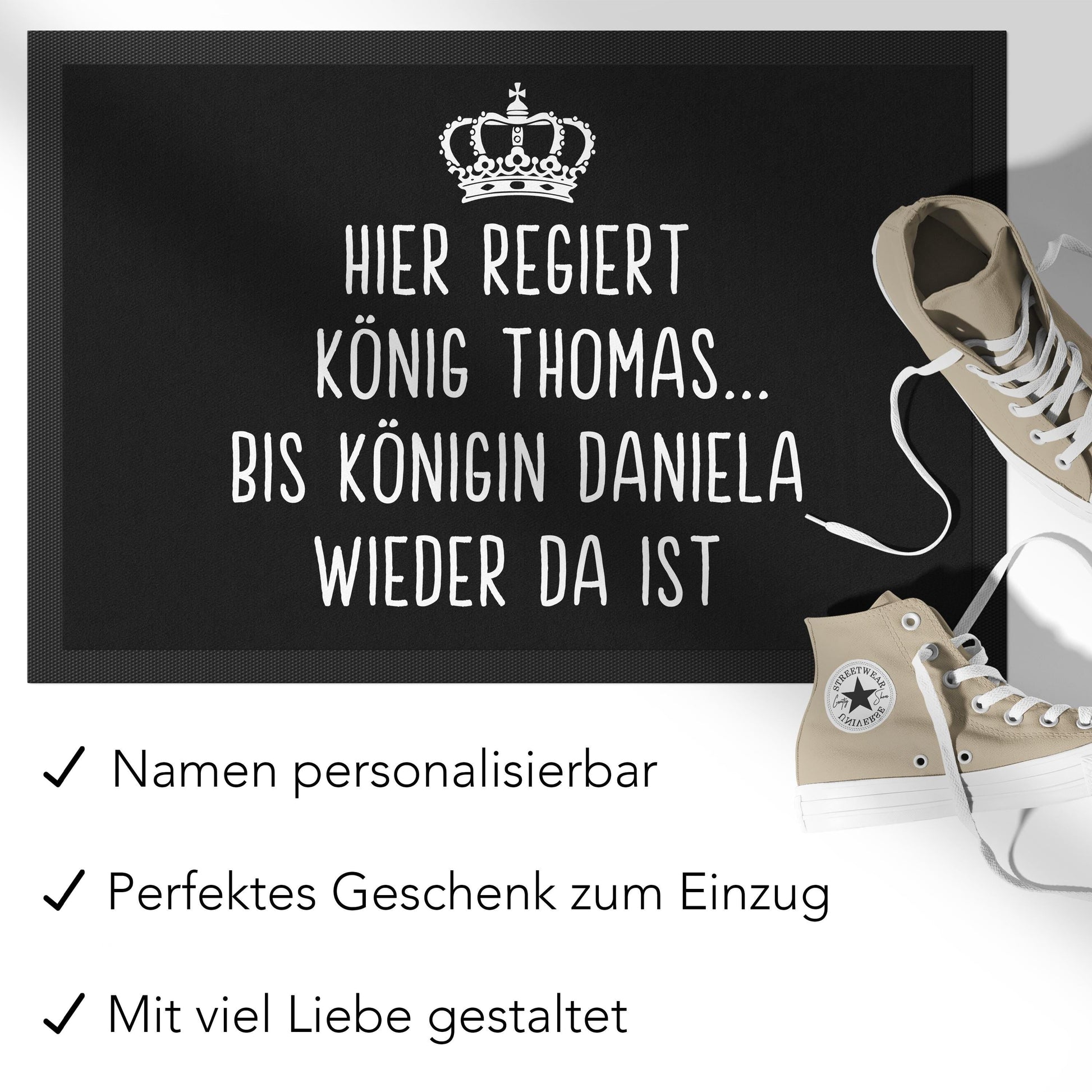 Fußmatte lustig personalisiert König Königin Wohnung Einweihungsgeschenk witzig Geschenk zum Einzug Schmutzfangmatte für Innen 60x40 cm