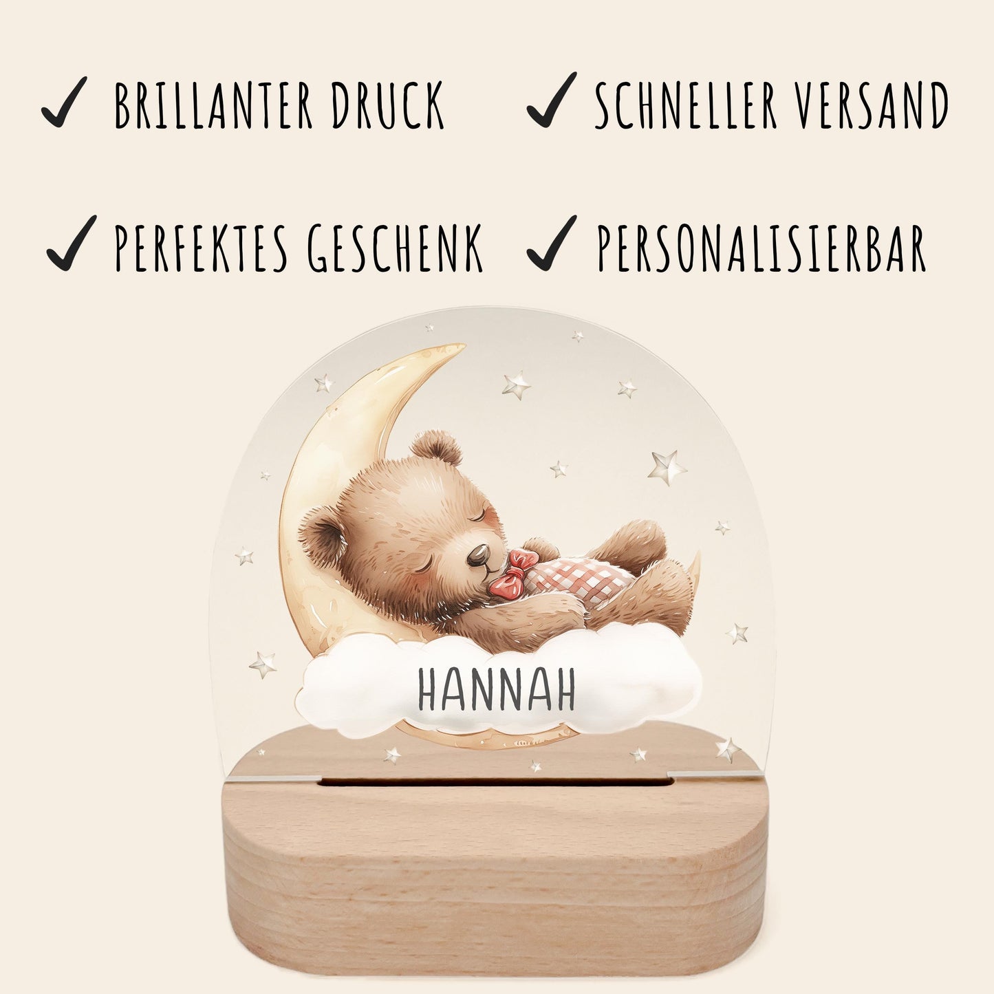 Nachtlicht Baby Kinder personalisiert Geschenk zur Geburt Babyzimmer Deko Bär Kinderzimmer Nachtlampe Inkl. Holzfuß & Netzteil