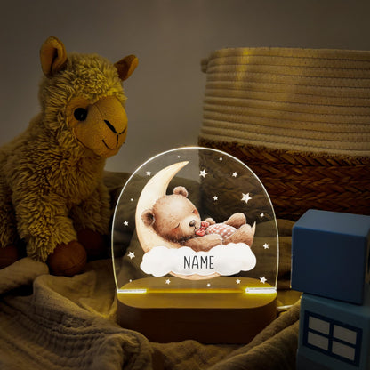 Nachtlicht Baby Kinder personalisiert Geschenk zur Geburt Babyzimmer Deko Bär Kinderzimmer Nachtlampe Inkl. Holzfuß & Netzteil