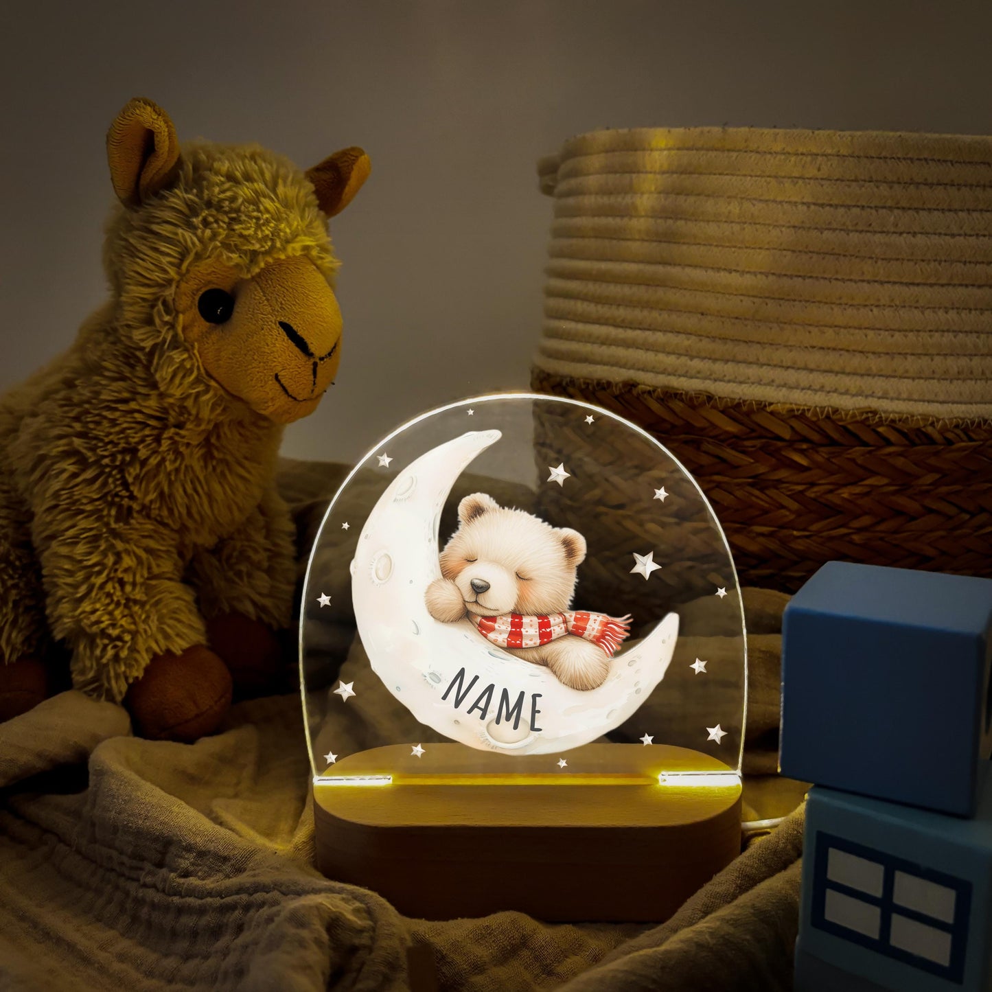 Nachtlicht Baby Kinder personalisiert Geschenk zur Geburt Babyzimmer Deko Bär Kinderzimmer Nachtlampe Inkl. Holzfuß & Netzteil