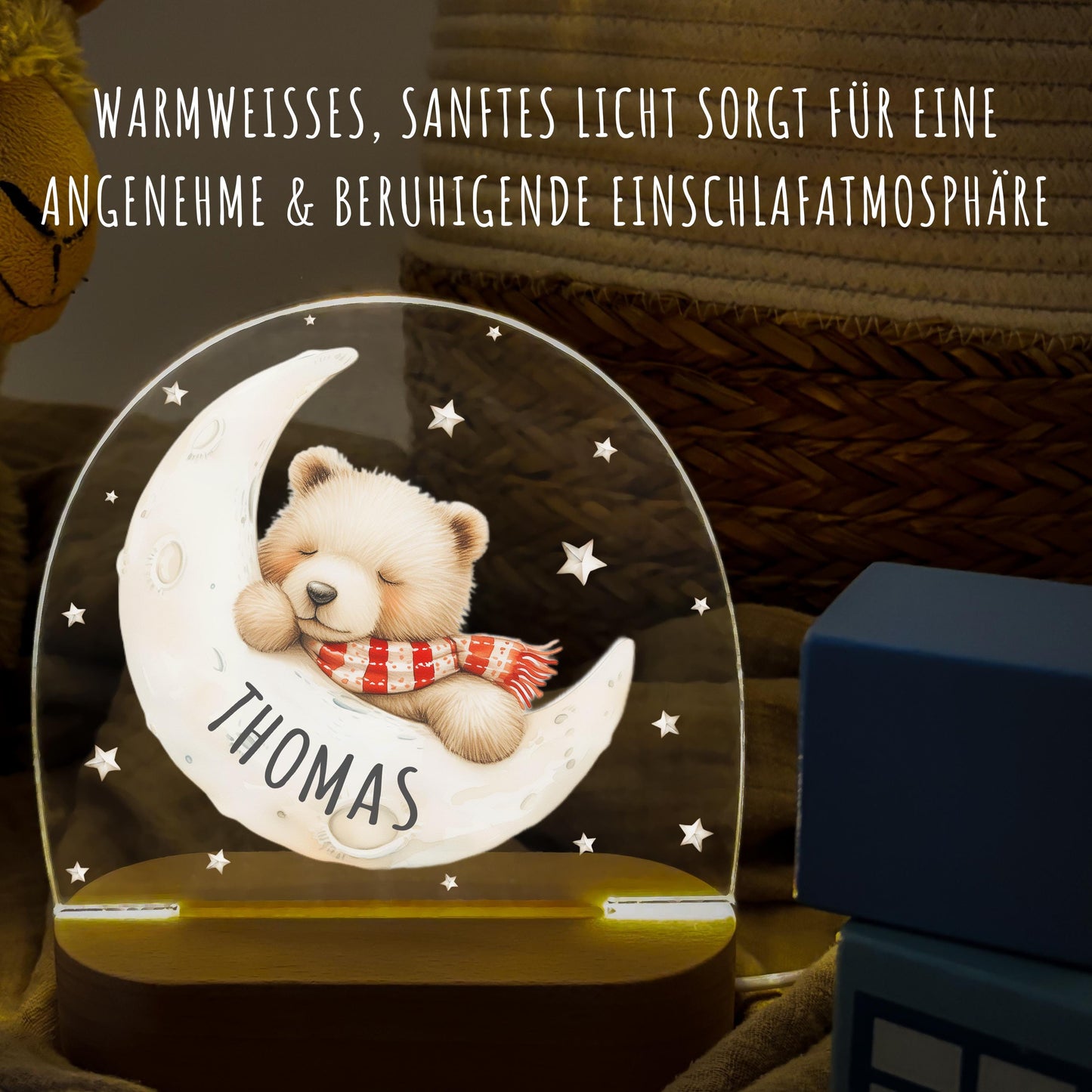 Nachtlicht Baby Kinder personalisiert Geschenk zur Geburt Babyzimmer Deko Bär Kinderzimmer Nachtlampe Inkl. Holzfuß & Netzteil
