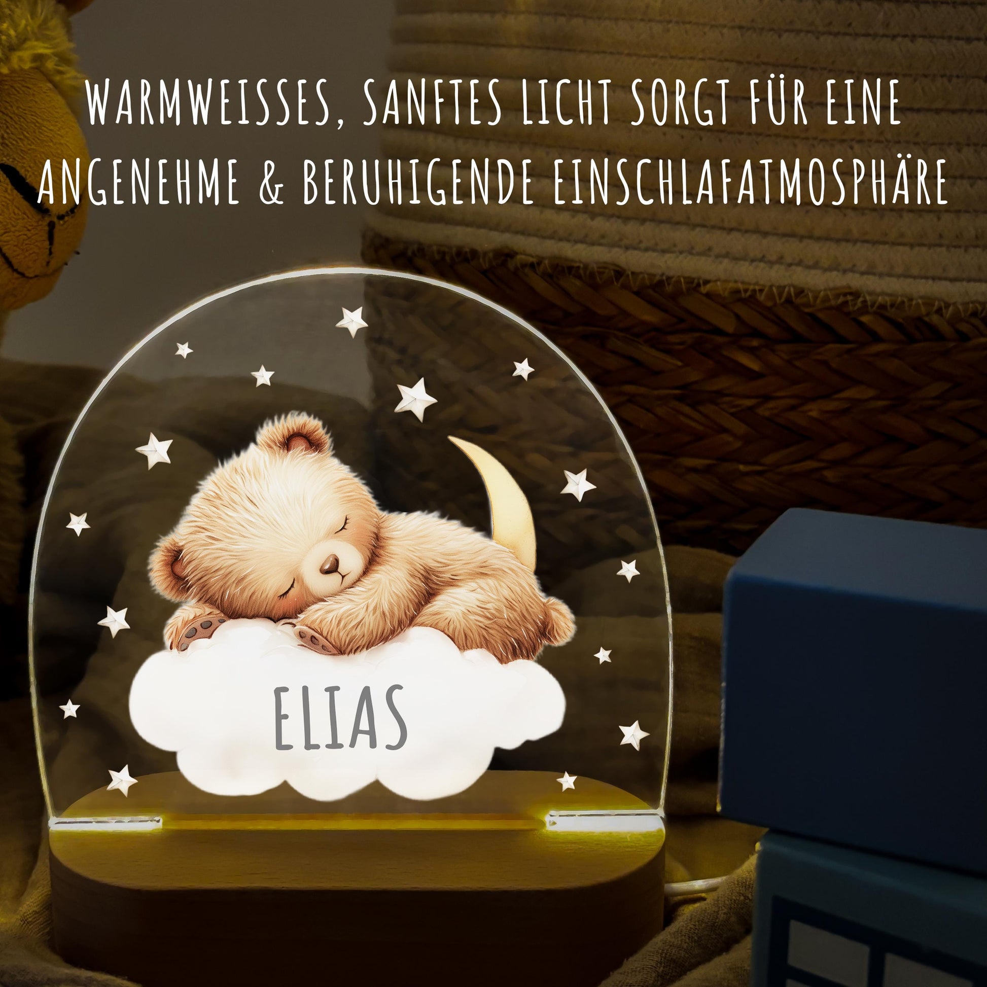 Nachtlicht Baby Kinder personalisiert Geschenk zur Geburt Babyzimmer Deko Bär Kinderzimmer Nachtlampe Inkl. Holzfuß & Netzteil