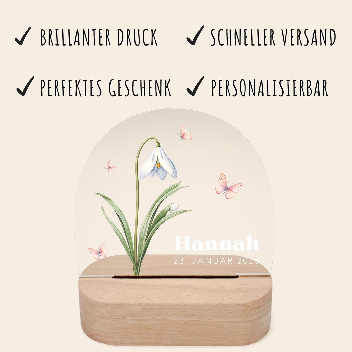 Geburtsgeschenk Mädchen Nachtlicht Baby personalisiert Monatsblume Geschenk zur Geburt Nachtlampe inkl. Holzfuß & Netzteil | Januar